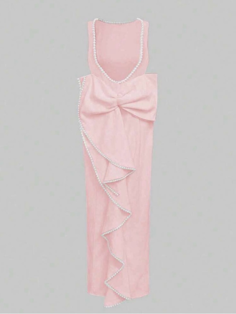 Elegant Pink Pearl-Trim Bow Back Evening Dress - Picture 6 of 9